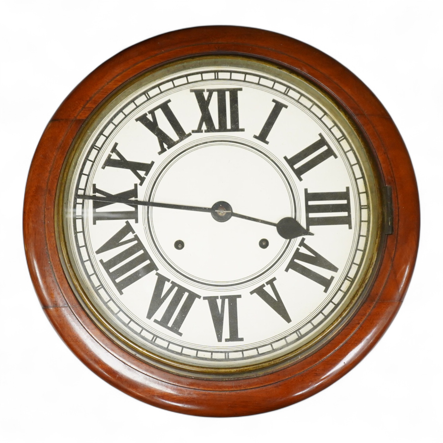 A mahogany wall clock with Roman numeral dial, with pendulum, 38cm in diameter
